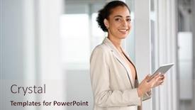  Presentation with using digital tablet - Slide deck having portrait-of-happy-young-woman background and a lemonade colored foreground