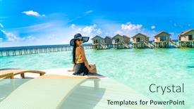  Presentation with villa - Presentation design consisting of portrait of happy young woman at beautiful water villa at maldives island travel and vacation outdoor shot background and a cool aqua colored foreground