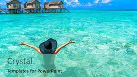  Presentation with villa - Beautiful PPT layouts featuring portrait of happy young woman at beautiful water villa at maldives island travel and vacation outdoor shot backdrop and a seafoam green colored foreground