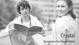  Presentation with college campus - PPT layouts consisting of portrait of happy young woman with male friend studying at college campus background and a light gray colored foreground