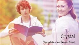  Presentation with college campus - Slide set with portrait of happy young woman with male friend studying at college campus background and a lemonade colored foreground