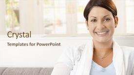  Presentation with home textiles - Audience pleasing PPT theme consisting of portrait of happy young woman backdrop and a  colored foreground