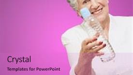  Presentation with water bottle - Beautiful PPT theme featuring portrait of healthy senior woman holding a water bottle over purple background backdrop and a lilac colored foreground