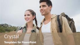  Presentation with mountain hiking - Slides consisting of portrait of hiking young couple standing on mountain terrain background and a coral colored foreground