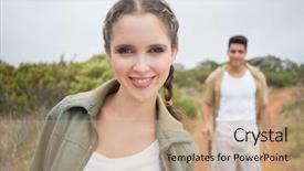  Presentation with hiking mountain - Theme consisting of portrait of hiking young couple standing on mountain terrain background and a coral colored foreground