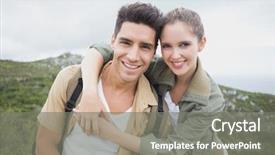  Presentation with hiking mountain - Colorful PPT layouts enhanced with portrait of hiking young couple standing on mountain terrainportrait of hiking young couple standing on mountain terrain backdrop and a gray colored foreground