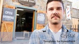  Presentation with barber shop - Cool new PPT theme with portrait of hipster barber standing outside shop backdrop and a light blue colored foreground