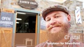  Presentation with barber shop - Slide deck consisting of portrait of hipster barber standing outside shop background and a coral colored foreground