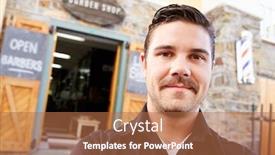  Presentation with barber shop - Slide deck with portrait of hipster barber standing outside shop background and a coral colored foreground