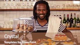  Presentation with pastries - Amazing slide deck having portrait of hipster employee posing with pastries at cafe backdrop and a red colored foreground