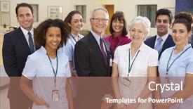  Presentation with design medical hospital - Cool new PPT layouts with portrait of hospital medical team backdrop and a coral colored foreground
