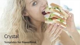  Presentation with sandwich - Colorful theme enhanced with portrait of impatient woman eating large sandwich in house backdrop and a coral colored foreground