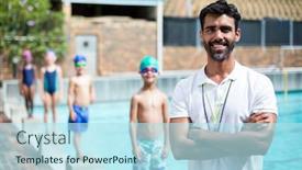  Presentation with children - Amazing PPT theme having portrait-of-instructor-while-children backdrop and a  colored foreground