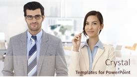  Presentation with international business - Beautiful theme featuring portrait of international business couple at office smiling backdrop and a lemonade colored foreground