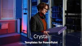  Presentation with hardware - PPT theme having portrait-of-it-specialist-holding background and a navy blue colored foreground