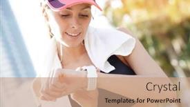  Presentation with smartwatch - Amazing PPT layouts having portrait-of-jogger-woman-looking backdrop and a coral colored foreground