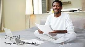  Presentation with entrepreneur - Amazing slides having portrait of joyful african american entrepreneur looking at camera with toothy smile while sitting on bed in lotus position and doing paperwork backdrop and a light gray colored foreground