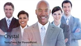  Presentation with joyful - Beautiful PPT theme featuring portrait of joyful business team backdrop and a light blue colored foreground