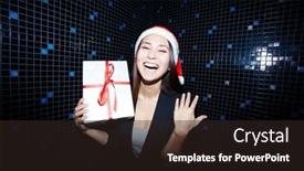  Presentation with joyful - Slide deck with portrait of joyful businesswoman in santa cap holding crhistmas gift in nightclub background and a wine colored foreground