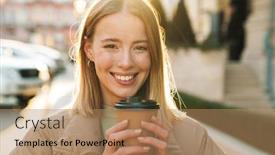  Presentation with takeaway coffee - Slides enhanced with portrait-of-joyful-caucasian-woman background and a coral colored foreground