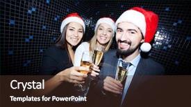  Presentation with toasting - Beautiful PPT theme featuring portrait of joyful colleagues in santa caps toasting with champagne in nightclub backdrop and a tawny brown colored foreground