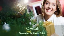  Presentation with joyful - Amazing presentation having portrait of joyful female with xmas present looking at camera with smile backdrop and a tawny brown colored foreground