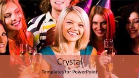  Presentation with flutes - Beautiful presentation theme featuring portrait of joyful girl holding birthday cake surrounded by friends with flutes of champagne backdrop and a red colored foreground