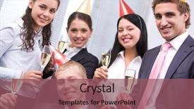  Presentation with joyful - Audience pleasing PPT theme consisting of portrait of joyful male wearing birthday cap looking at camera on background of cheerful colleagues backdrop and a violet colored foreground