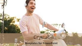  Presentation with motorbike - Presentation theme having portrait of joyful man 20s wearing headphones smiling and riding on motorbike through city street background and a coral colored foreground
