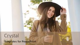  Presentation with cup coffee - Slide set consisting of portrait-of-joyful-woman background and a coral colored foreground