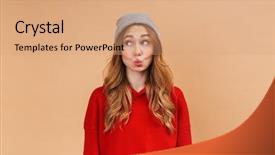  Presentation with hat - Cool new slide set with portrait of joyous woman 20s backdrop and a coral colored foreground