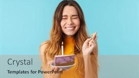  Presentation with birthday cake and candle - Amazing PPT theme having portrait-of-joyous-woman-making backdrop and a gold colored foreground