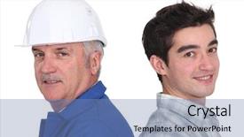  Presentation with craftsman - Colorful PPT layouts enhanced with portrait of junior craftsman and mature instructor backdrop and a teal colored foreground