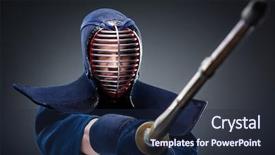  Presentation with purple floral sword - Slide set consisting of portrait of kendoka with bamboo background and a  colored foreground