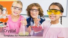  Presentation with chemical experiment - PPT theme consisting of portrait of kids doing background and a coral colored foreground