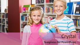  Presentation with school kids - Slide deck featuring portrait of kids holding globe background and a  colored foreground