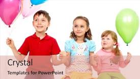  Presentation with birthday kids - Presentation theme with portrait of kids with colorful balloons looking aside during birthday party background and a coral colored foreground