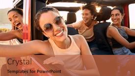  Presentation with road trip - Slide set enhanced with portrait-of-laughing-female-friends background and a red colored foreground