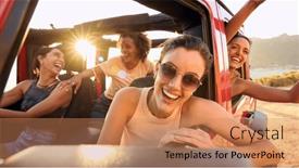  Presentation with road trip - PPT layouts with portrait-of-laughing-female-friends background and a coral colored foreground