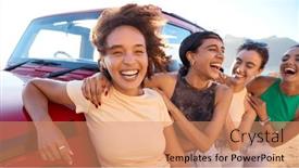  Presentation with road trip - PPT theme having portrait-of-laughing-female-friends background and a coral colored foreground