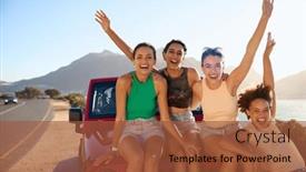  Presentation with road trip - Slide set with portrait-of-laughing-female-friends background and a red colored foreground