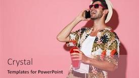  Presentation with soda - Beautiful PPT theme featuring portrait-of-laughing-man-wearing backdrop and a coral colored foreground
