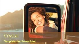  Presentation with road trip - Presentation theme consisting of portrait-of-laughing-woman-reflected background and a tawny brown colored foreground