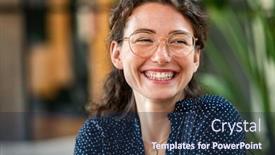  Presentation with confident - Amazing slide set having portrait-of-laughing-young-woman backdrop and a navy blue colored foreground