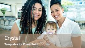  Presentation with baby sitting - PPT theme with portrait of lesbian couple sitting background and a coral colored foreground