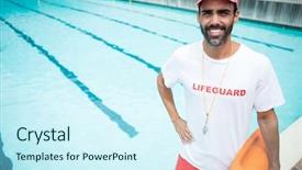  Presentation with rescue - Beautiful slide set featuring portrait of lifeguard standing backdrop and a cool aqua colored foreground