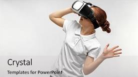  Presentation with virtual - PPT theme featuring portrait of little girl having fun with virtual reality headset on light background background and a light gray colored foreground