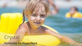  Presentation with rubber - Presentation with portrait of little smiling girl with inflatable rubber circle in the sea in sunny day summer vacations concept background and a yellow colored foreground