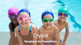  Presentation with poolside restaurant family - Beautiful theme featuring portrait of little swimmers sitting backdrop and a coral colored foreground