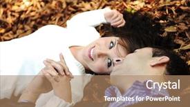  Presentation with fall down - Beautiful PPT theme featuring portrait of love couple laying down outdoor in park looking happy on fall ground backdrop and a coral colored foreground